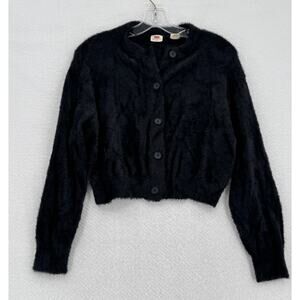 Levi's Womens Black Faux Shearling Cozy Fuzzy Cropped Cardigan Sweater Sz M